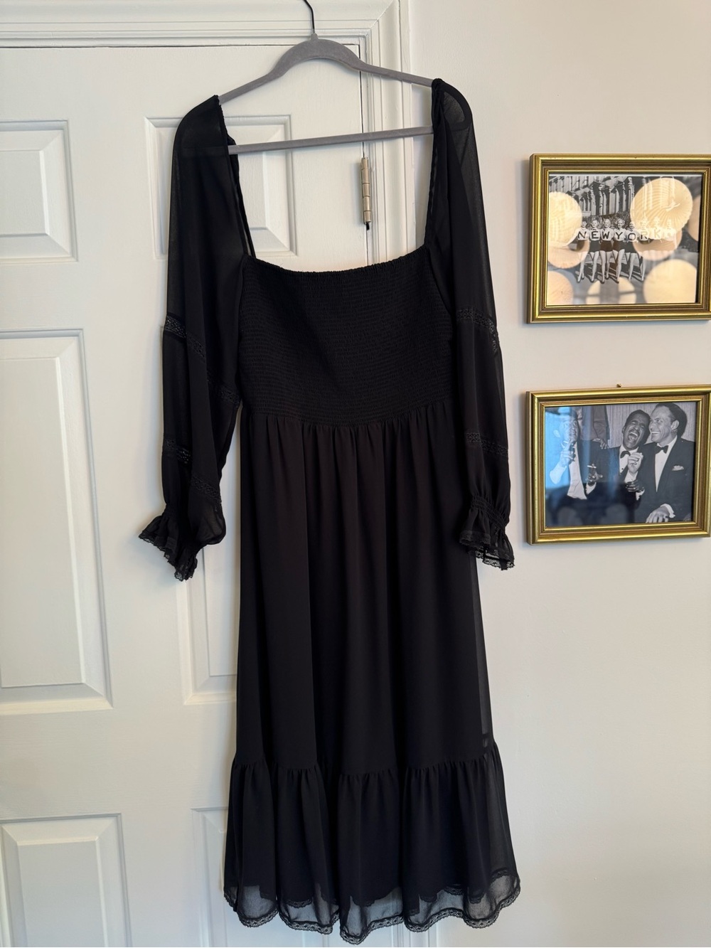 Wilfred Black Square-Neck Midi Dress with Sheer Sleeves